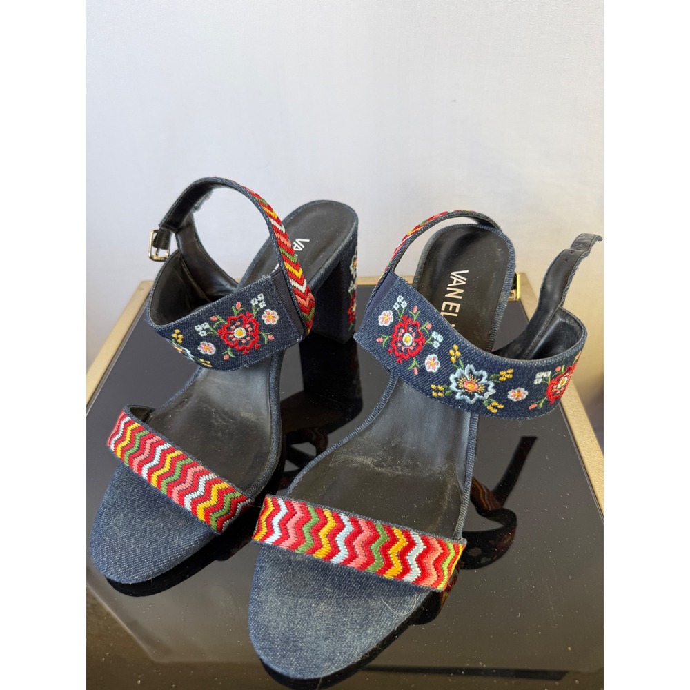 Vaneli Blue Denim Embroidered Floral Block Heel Sandals Boho Slingback Shoes - Picture 2 of 7